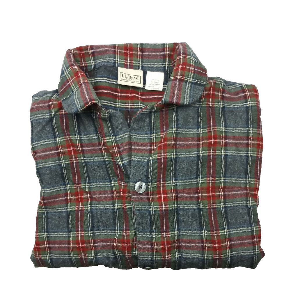 LL Bean Shirt Mens Large Tall LT Gray Red Scotch Plaid Pajama Button Up 500668